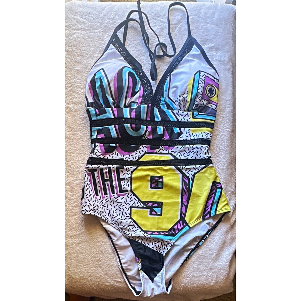 Womens One Piece Halter Swimsuit Multicolor Graphic Print Strappy S 90s Retro